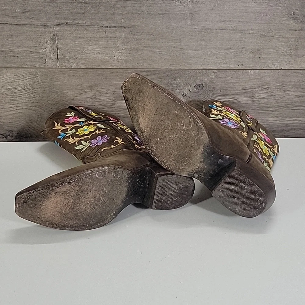 Girls El General Brown Leather Cowboy Boots with Floral Embroidery Sz 6